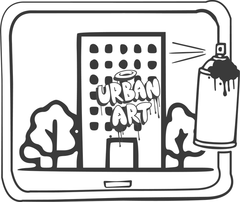 Projektlogo OpenCityCanvas: ein Gebäude mit dem Schriftzug Urban Art und einer Sprühdose